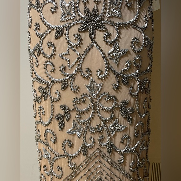 NWT PISARRO NIGHTS Beaded Rose Nude Mesh Longline Dress Red Carpet Evening Gown - Picture 6 of 13